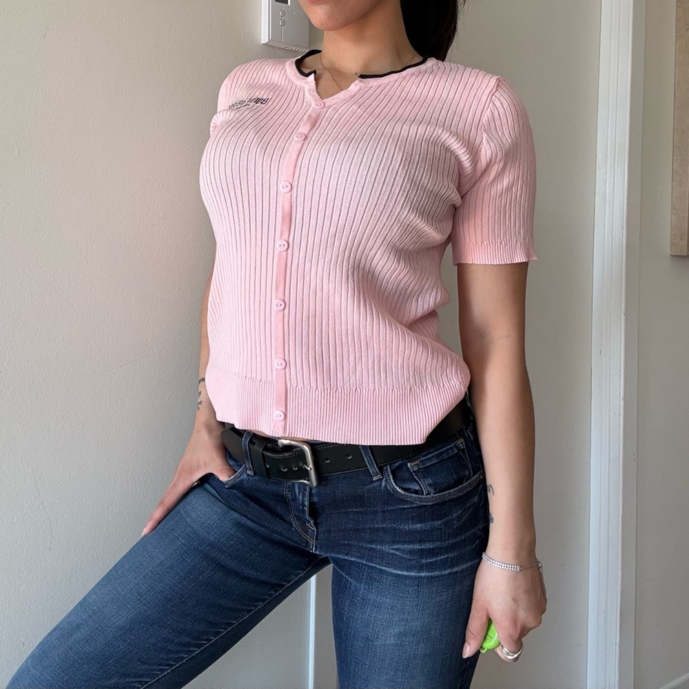 Y2K Pastel Pink Ribbed Short Sleeve Cardigan Top